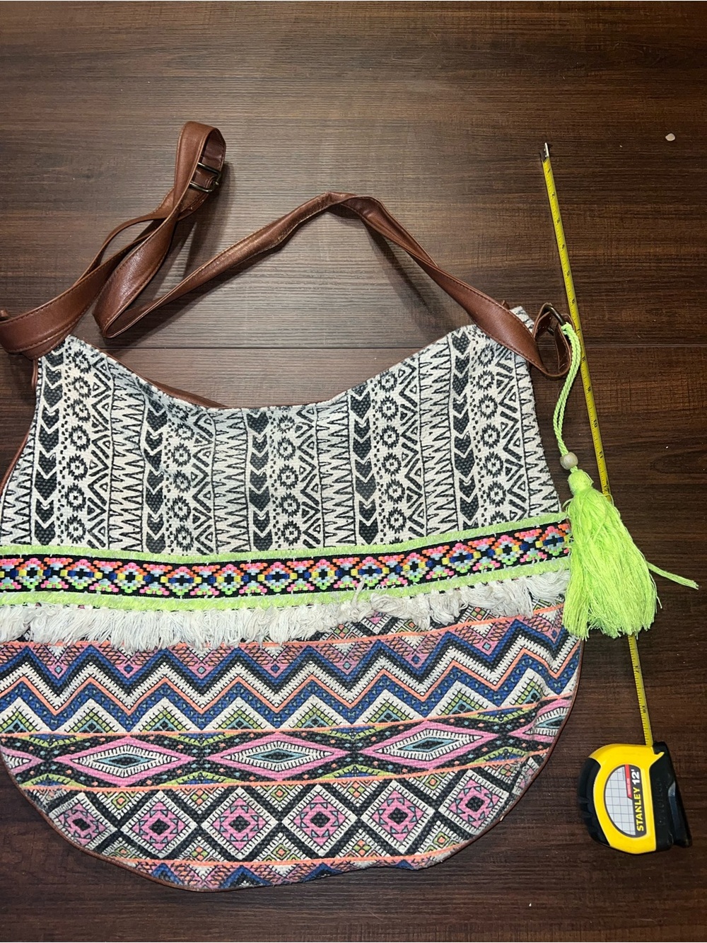 T-shirt & jeans Boho Patterned Crossbody Bag with Neon Tassel - Brown Strap #797